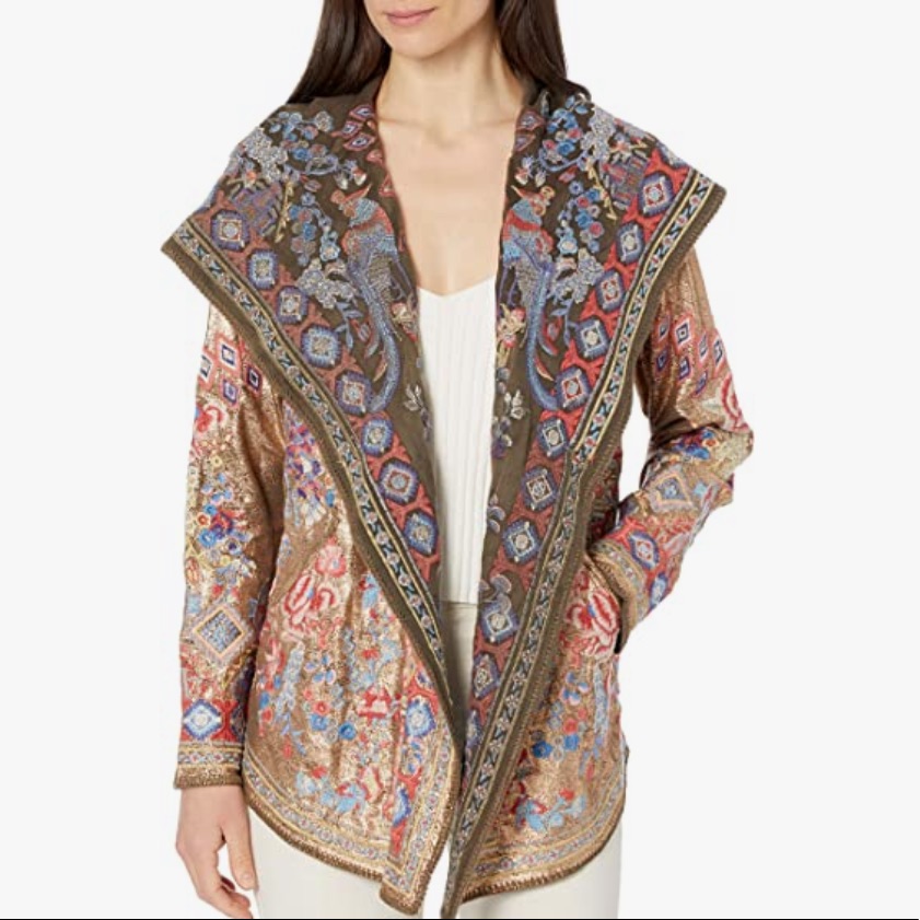 Johnny Was Kunah Embroidered Metallic Hoodie Cardigan Sweater